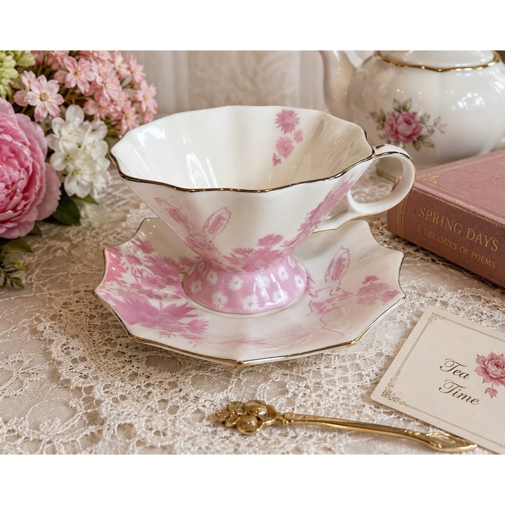 Meritage Bunny Teacup Saucer Pink Floral Gold Trim Easter Tea Cup Set